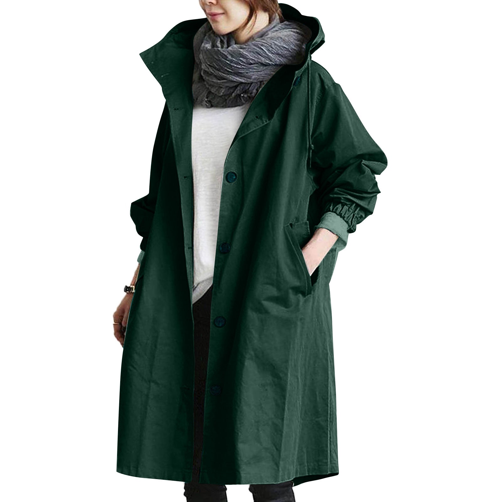 Lightweight hooded mid-length raincoat