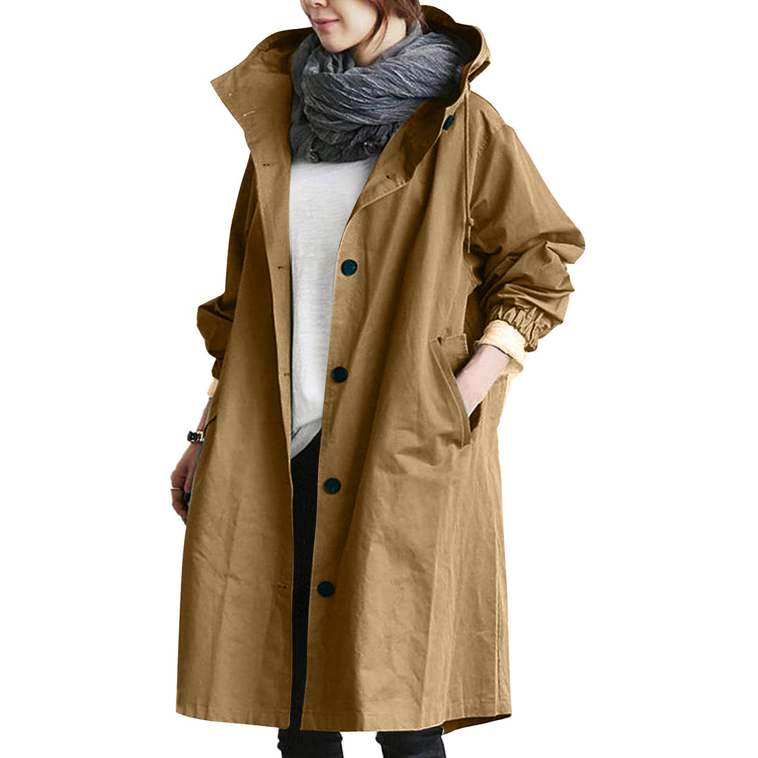 Lightweight hooded mid-length raincoat