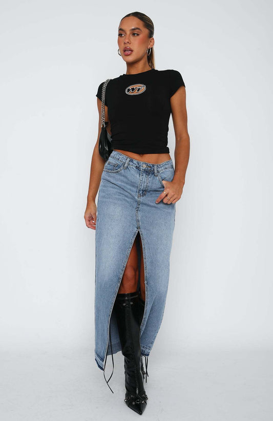 High-Waisted Denim Maxi Skirt with Front Slit