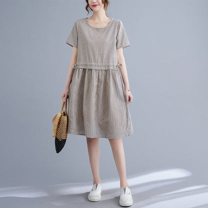 Women's Casual Dress - Striped A-Line - Short Sleeve - Round Neck - Adjustable Waist