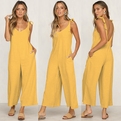Women's Jumpsuit - V-Neck Wide Leg - Tie Shoulder Straps - Cropped Length with Pockets