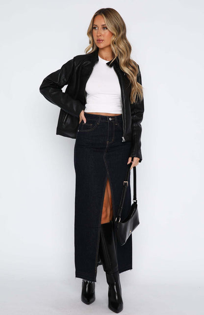 Women’s Denim Maxi Skirt – High Waist – Front Slit – Button Closure – Belt Loops