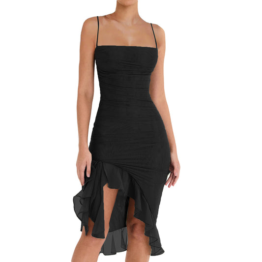 Women’s Bodycon Dress - Strapless Spaghetti Straps - Ruched Waist - Ruffle Hem