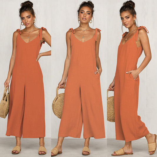 Tie Shoulder Wide Leg Cropped Jumpsuit
