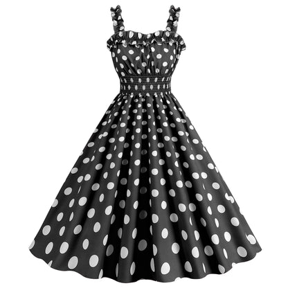 Polka dot vintage swing dress with ruched straps