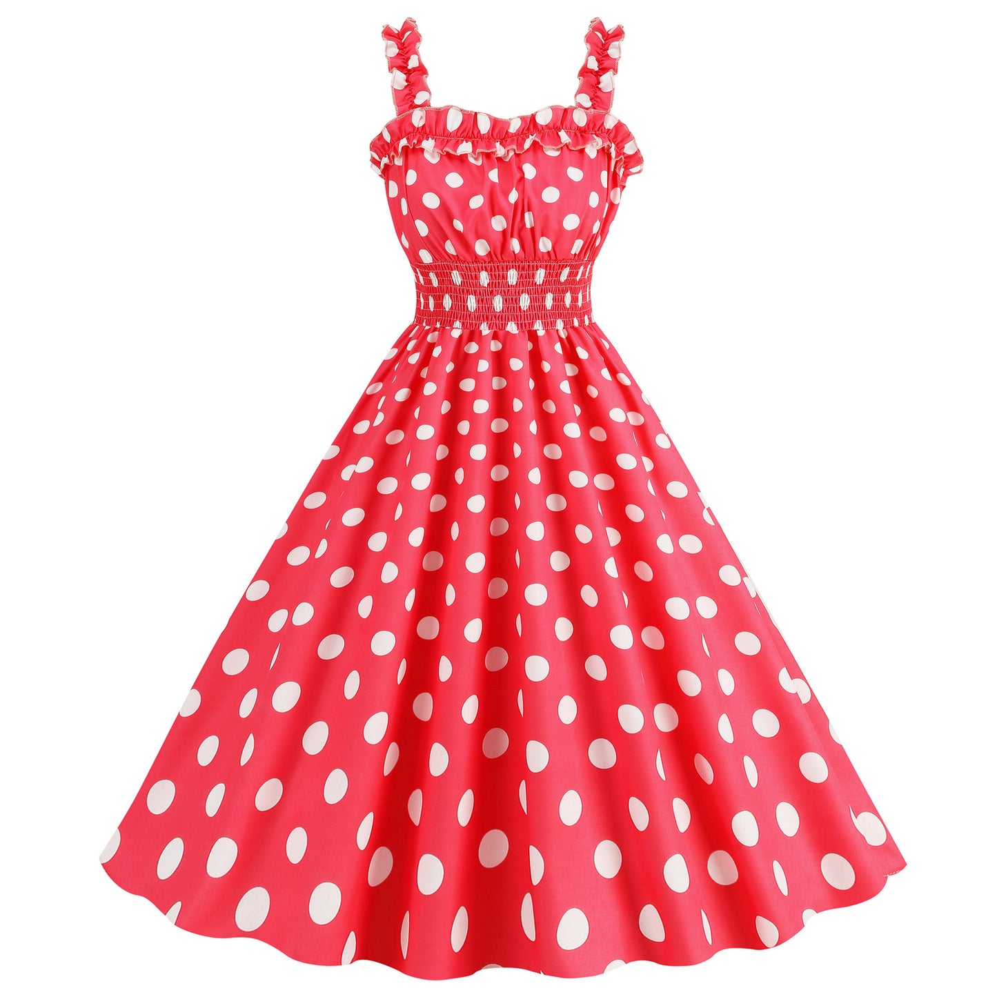 Polka dot vintage swing dress with ruched straps