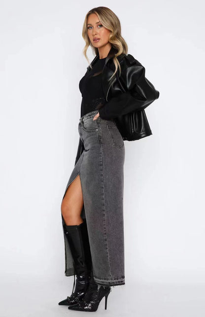 Women’s Denim Maxi Skirt – High Waist – Front Slit – Button Closure – Belt Loops