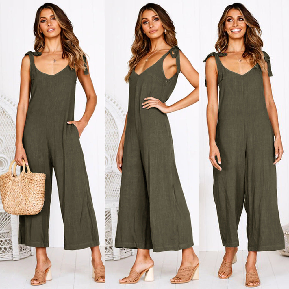 Women's Jumpsuit - V-Neck Wide Leg - Tie Shoulder Straps - Cropped Length with Pockets