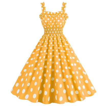Polka dot vintage swing dress with ruched straps