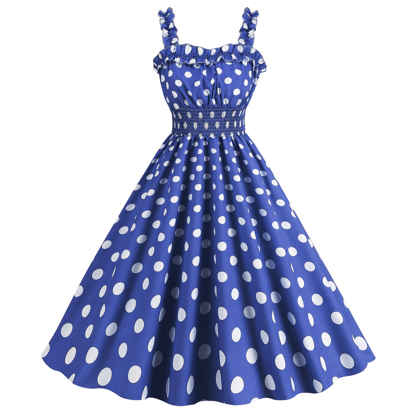 Polka dot vintage swing dress with ruched straps