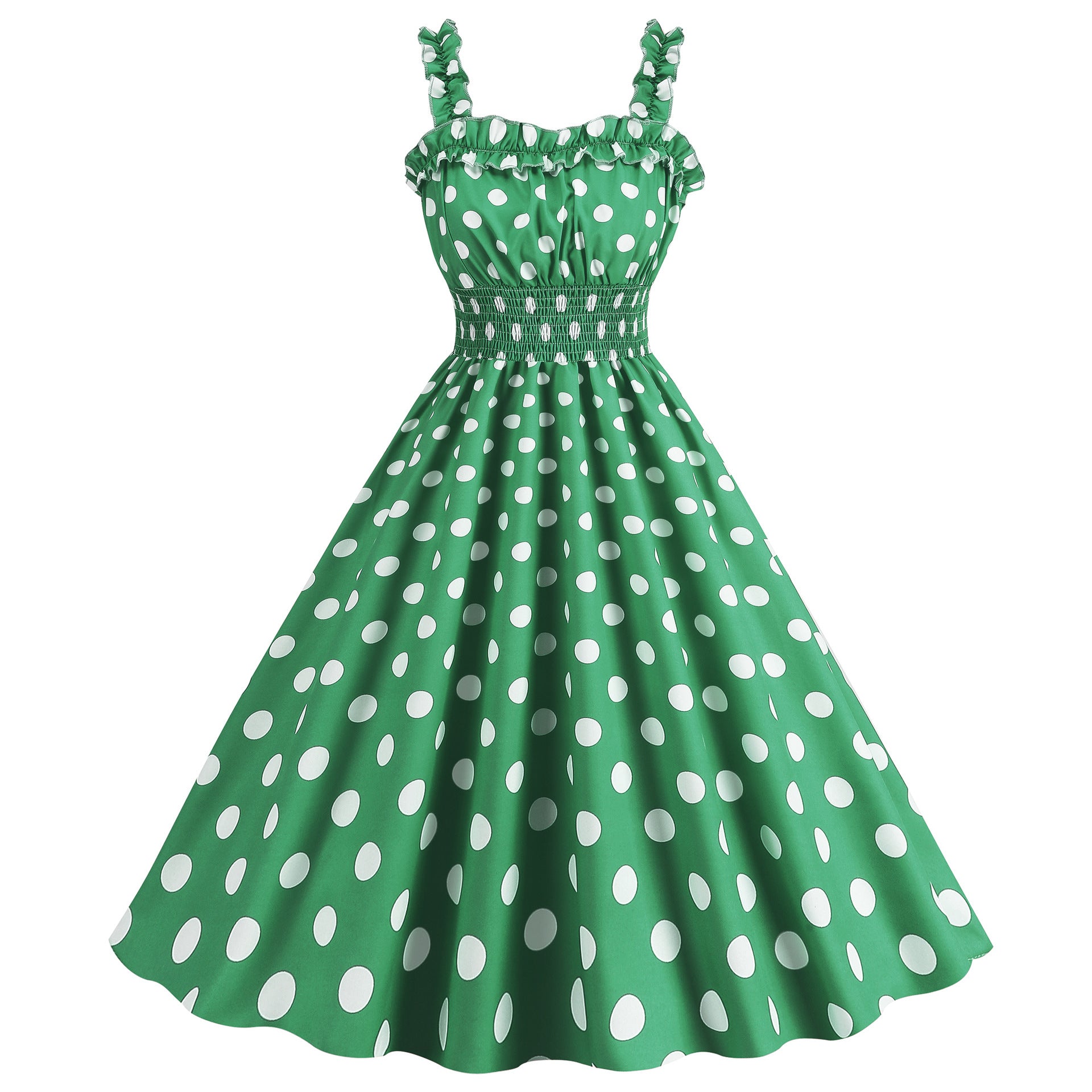 Polka Dot Ruched Strap Swing Dress
