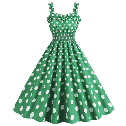 Polka dot vintage swing dress with ruched straps
