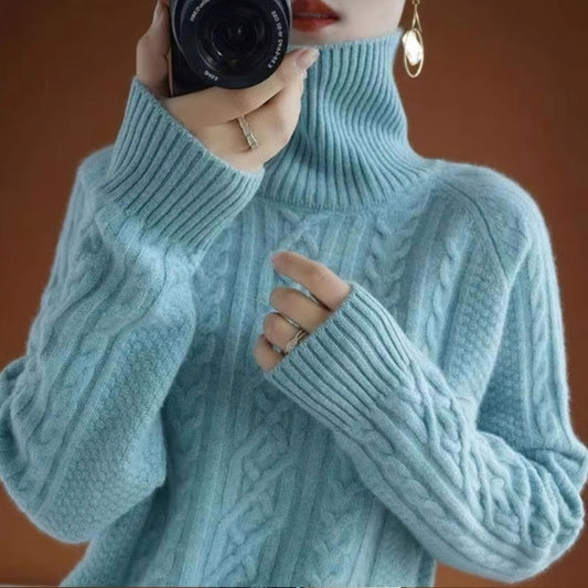 Soft Wool Blend Cable Knit Turtleneck Sweater