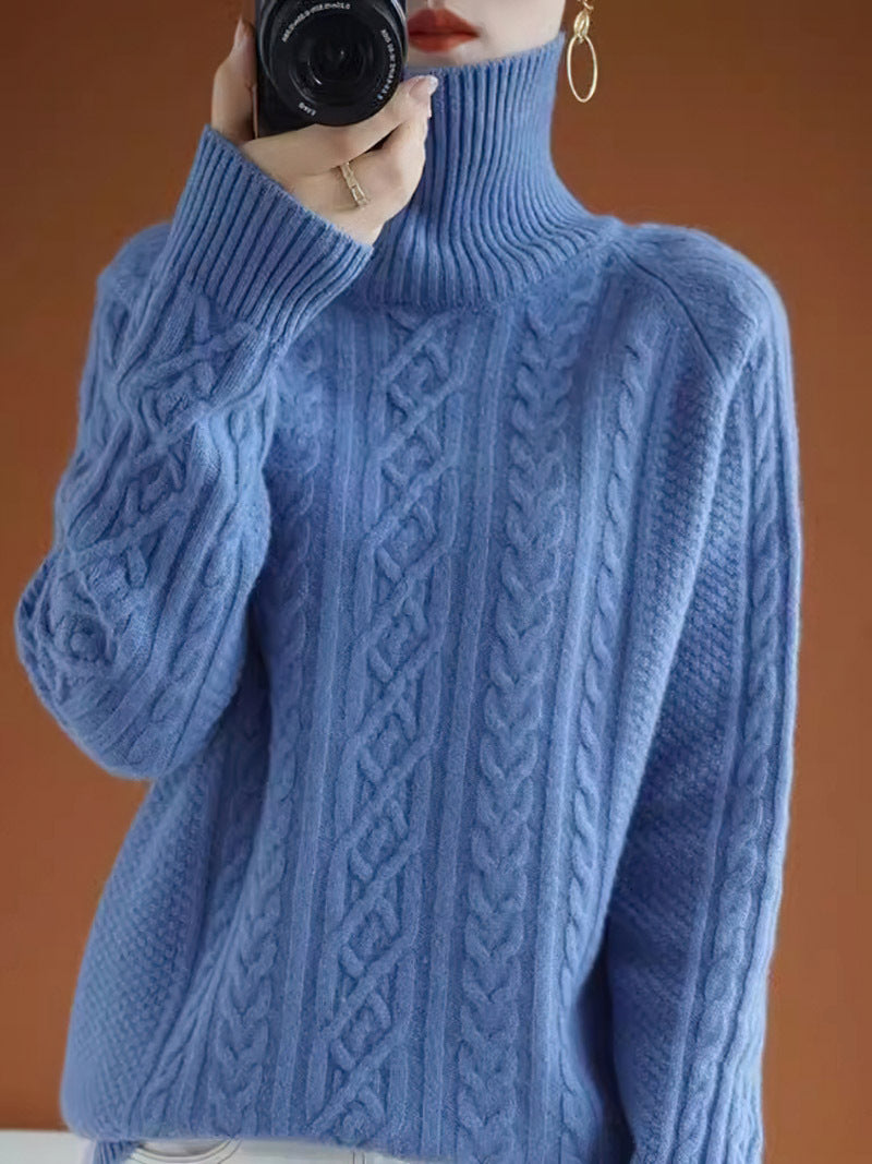 Women's Cable Knit Turtleneck Sweater - Soft Wool Blend - Ribbed Cuffs Warm Fit