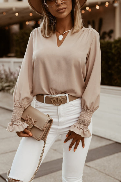 Katya - fashion work solid flounce v-neck tops