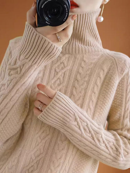 Women's Cable Knit Turtleneck Sweater - Soft Wool Blend - Ribbed Cuffs Warm Fit