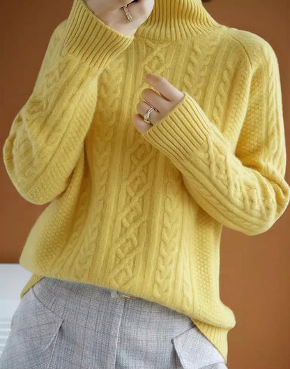 Women's Cable Knit Turtleneck Sweater - Soft Wool Blend - Ribbed Cuffs Warm Fit
