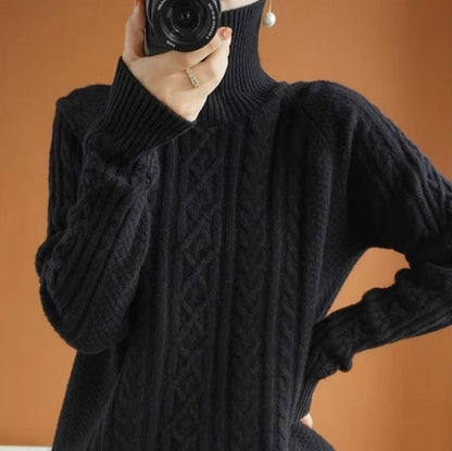 Women's Cable Knit Turtleneck Sweater - Soft Wool Blend - Ribbed Cuffs Warm Fit