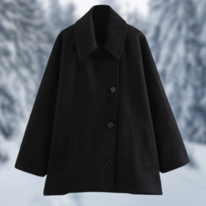 Women's loose collar woolen jacket with diagonal button closure