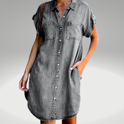 Women's Denim Shirt Dress - Button Down - Short Sleeve - Collared Casual Fit