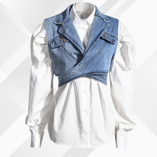 Tailored Puff Sleeve Button-Down Denim Vest