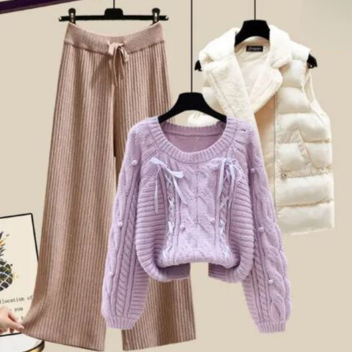 Women’s Knit Sweater – Cable Knit – Oversized Fit – Crew Neck – Puff Sleeve – Lace-Up Detail