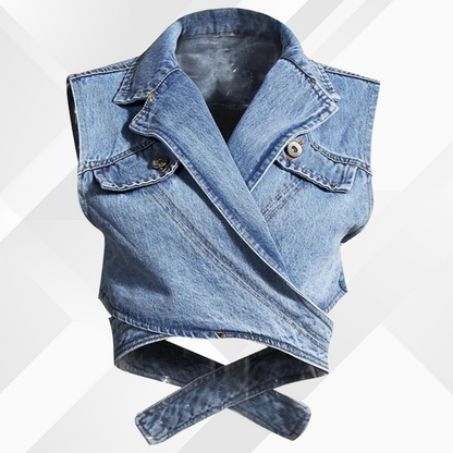 Women's Denim Vest Blouse - Puff Sleeve - Tailored Fit - Button-Down Layered Look