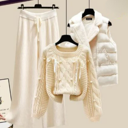 Women’s Knit Sweater – Cable Knit – Oversized Fit – Crew Neck – Puff Sleeve – Lace-Up Detail