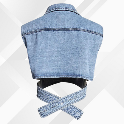 Women's Denim Vest Blouse - Puff Sleeve - Tailored Fit - Button-Down Layered Look