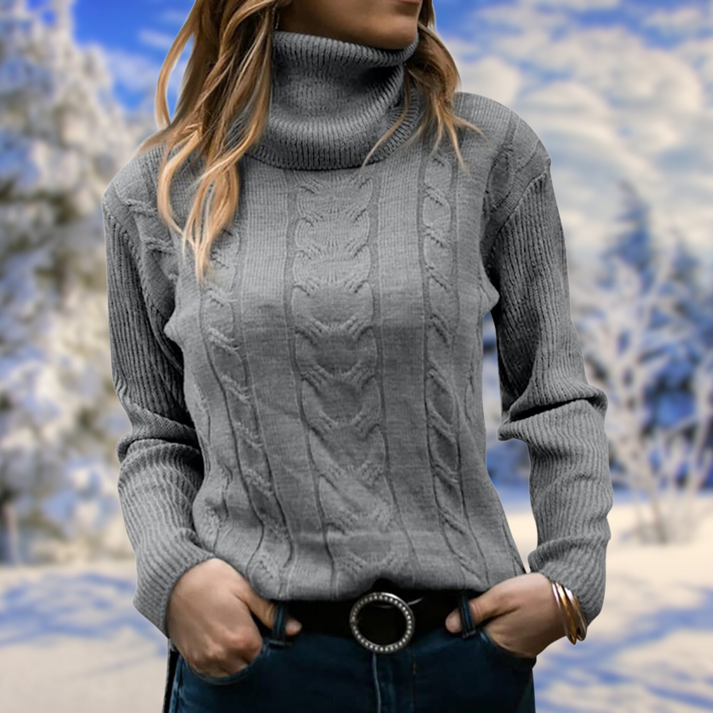 Women’s Turtleneck Sweater – Cable Knit – Long Sleeve – Relaxed Fit – Soft Knit Fabric