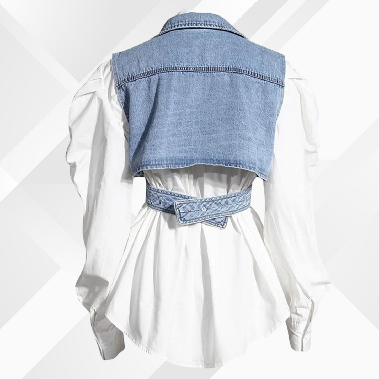 Women's Denim Vest Blouse - Puff Sleeve - Tailored Fit - Button-Down Layered Look