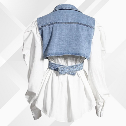 Women's Denim Vest Blouse - Puff Sleeve - Tailored Fit - Button-Down Layered Look