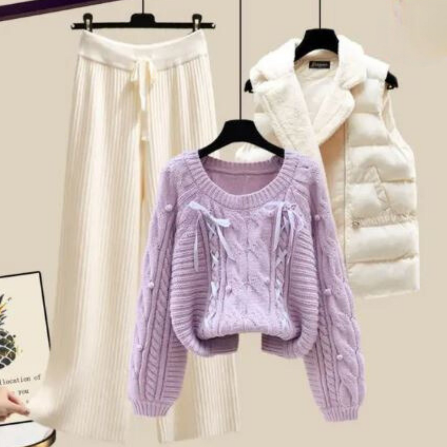 Women’s Knit Sweater – Cable Knit – Oversized Fit – Crew Neck – Puff Sleeve – Lace-Up Detail
