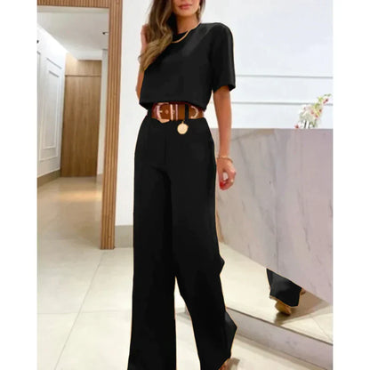 Women's summer short-sleeved cropped top wide leg pants set