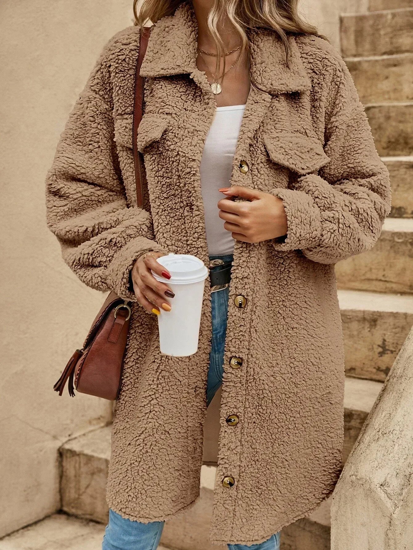 Women’s Teddy Coat - Sherpa Fleece - Oversized Fit - Button Front - Longline Casual Style