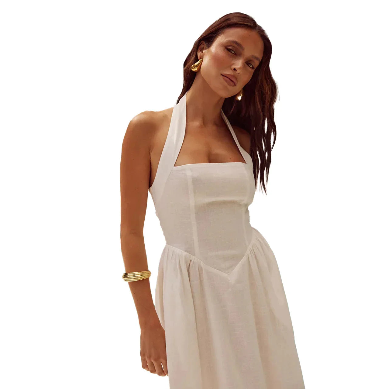 Women's halter neck backless dress with A-line midi skirt