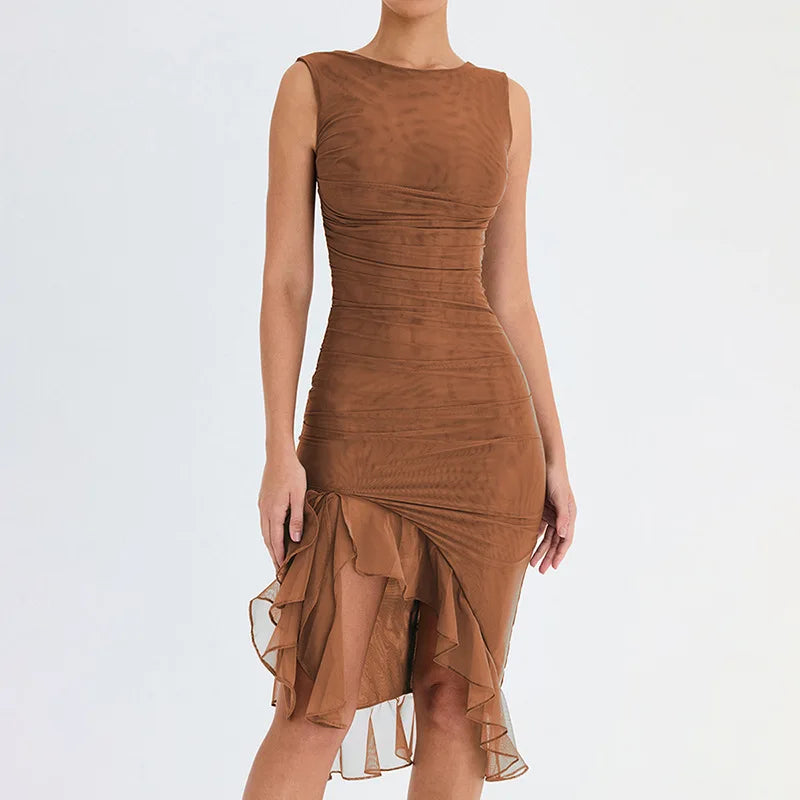 Women's Bodycon Midi Dress - Sleeveless Round Neck - Asymmetrical Ruffle Hem