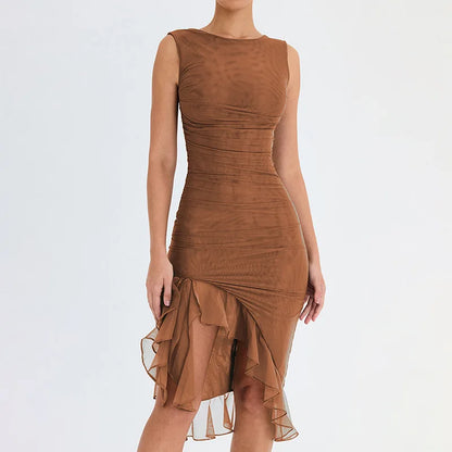 Women's Bodycon Midi Dress - Sleeveless Round Neck - Asymmetrical Ruffle Hem