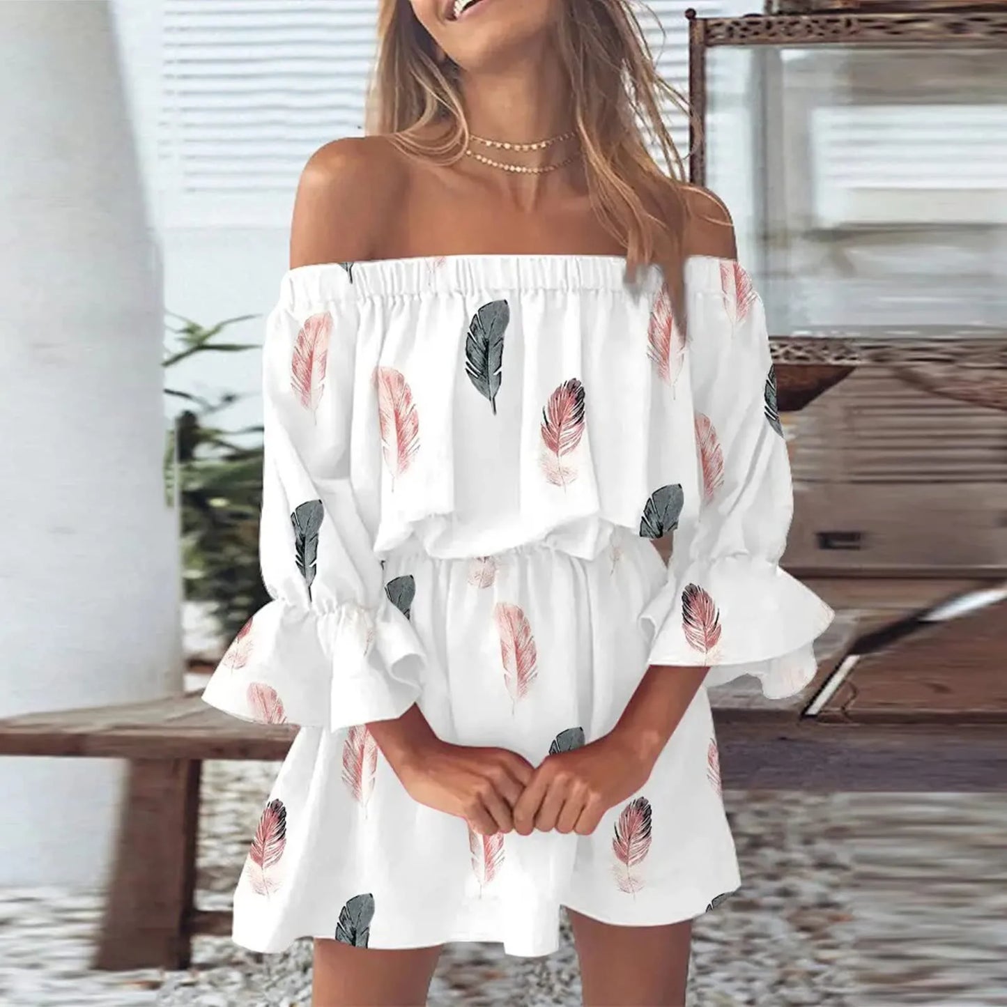 Women's Off-Shoulder Dress - Floral Print - Long Sleeve - Elastic Waist - Flowy Fit