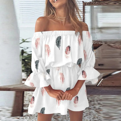 Women's Off-Shoulder Dress - Floral Print - Long Sleeve - Elastic Waist - Flowy Fit