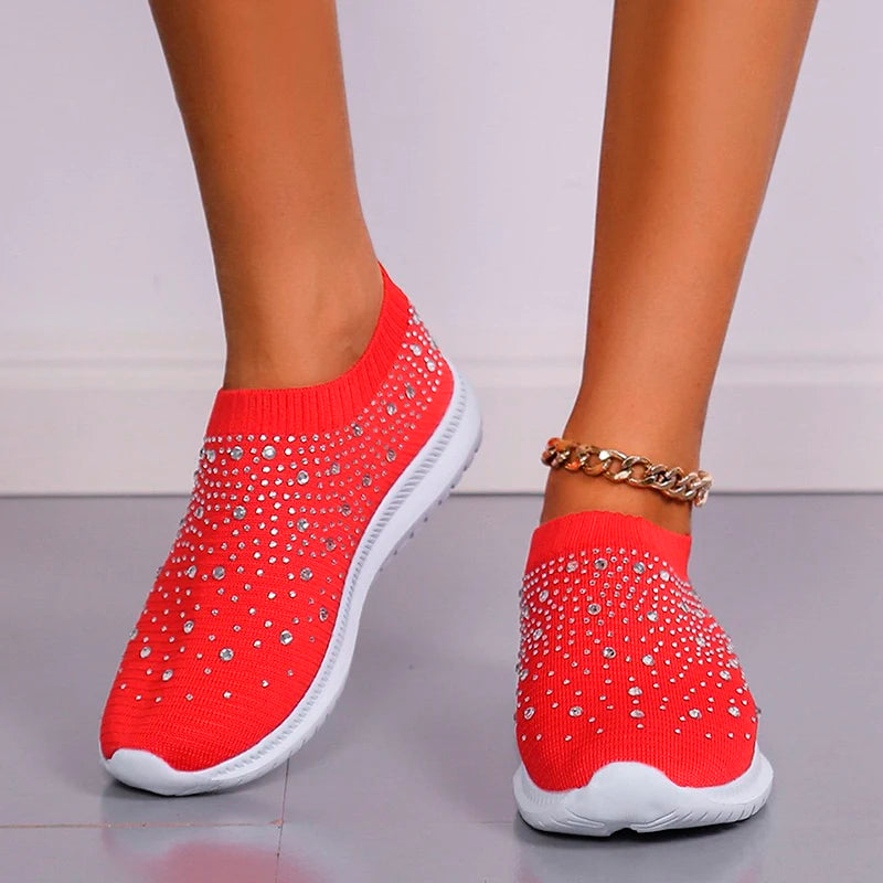 Women's Slip-On Sneakers - Knit Fabric - Rhinestone Embellished - Lightweight Sole