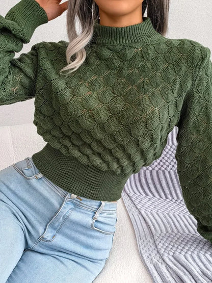 Women's diamond hollow long sleeve cropped knitted sweater