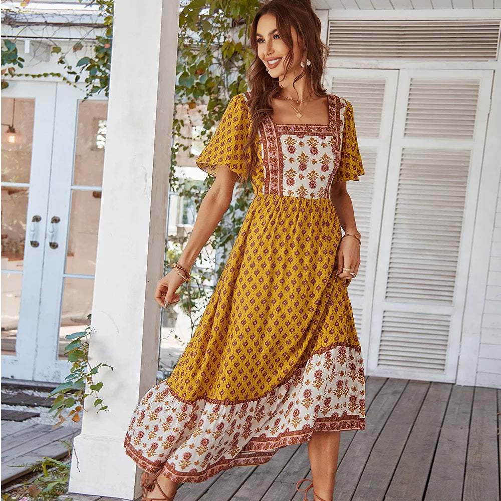 Bohemian Print Cotton Blend Maxi Dress