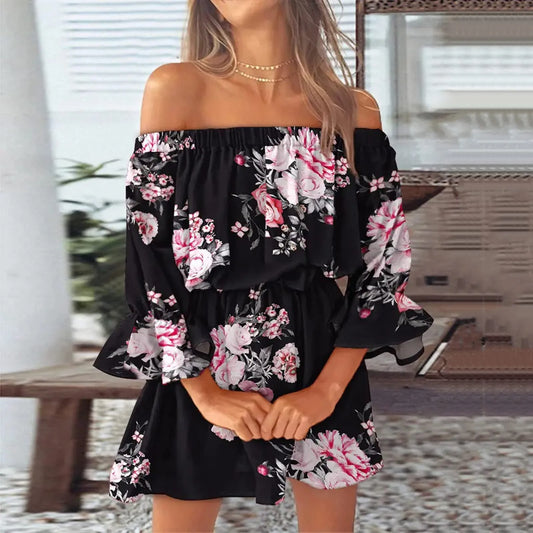 Floral Print Flowy Off-Shoulder Dress