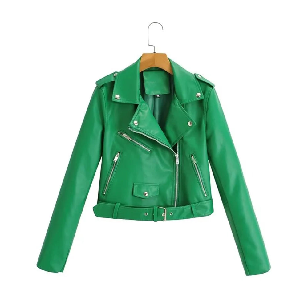 Women's zip-up belted PU leather moto jacket