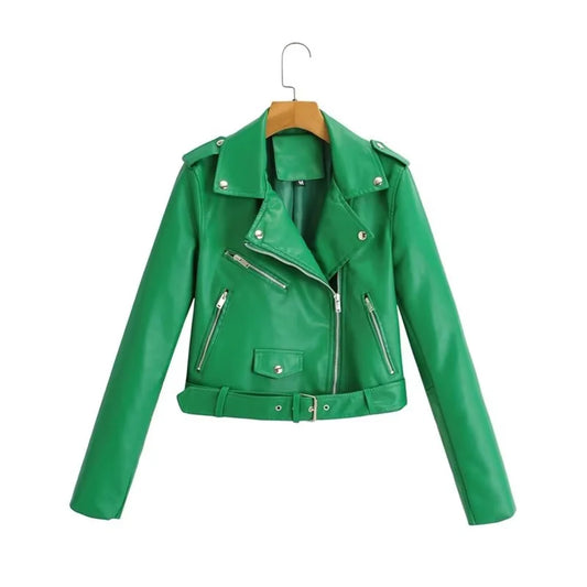 Zip-up Belted PU Leather Moto Jacket