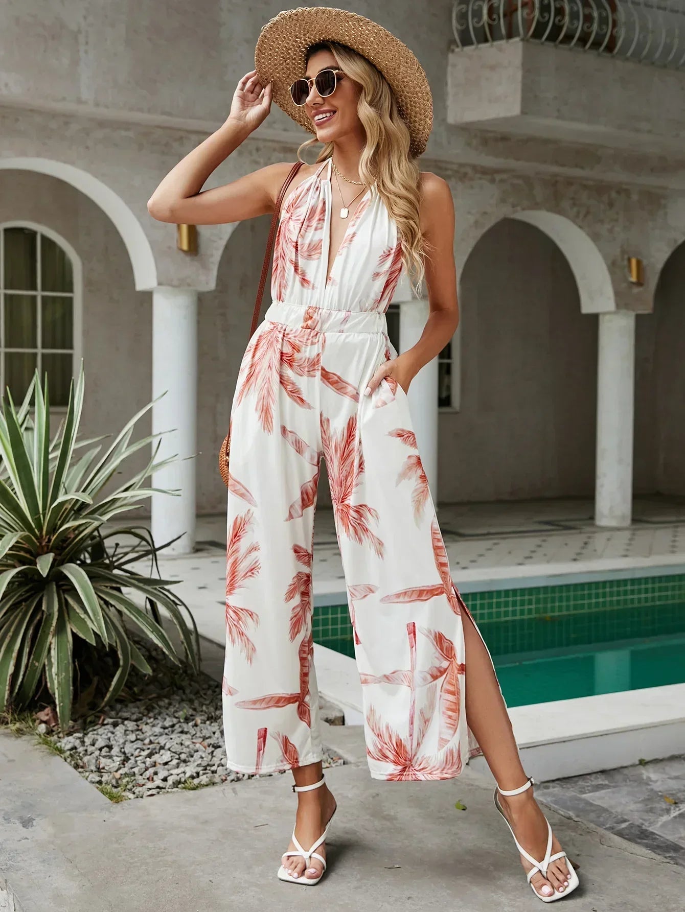 Blisa - V-Neck wide leg jumpsuit with slit