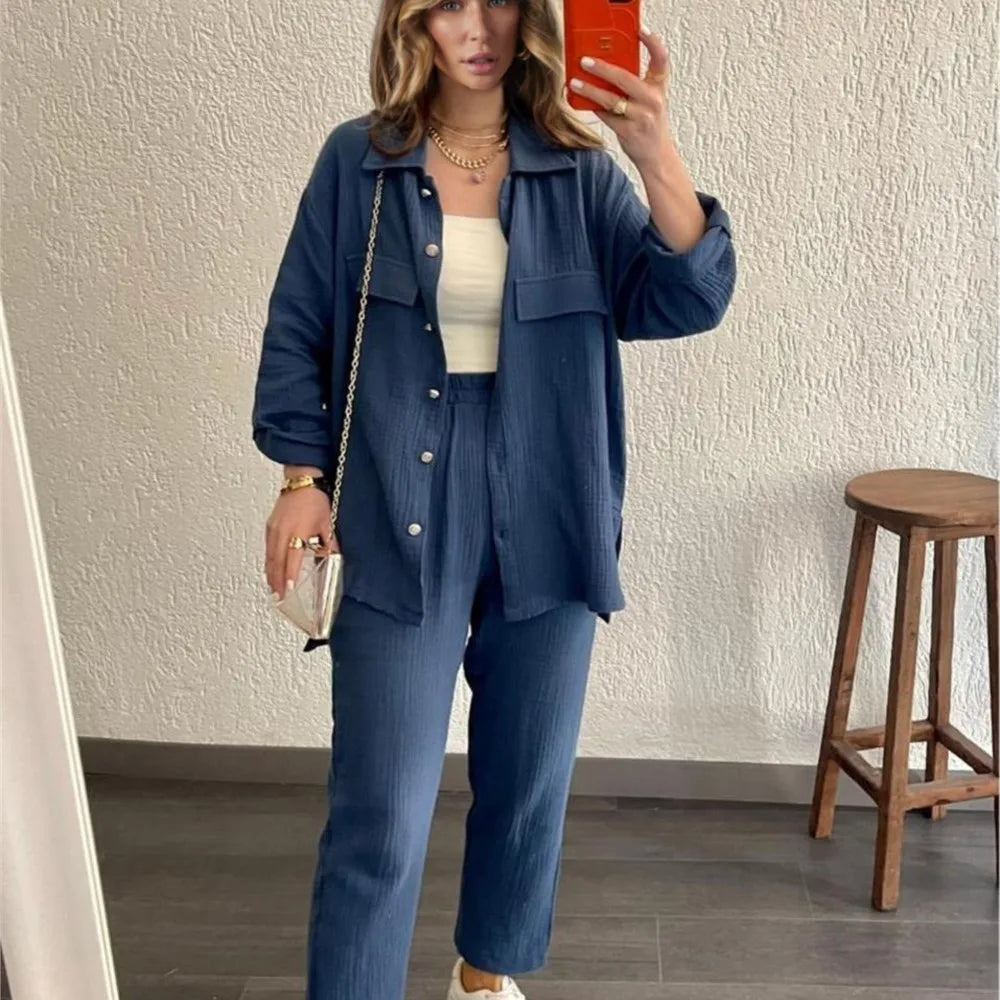 Women's casual long sleeve shirt and loose button pants set