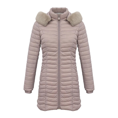 Women's slim fit winter puffer jacket with fur hood