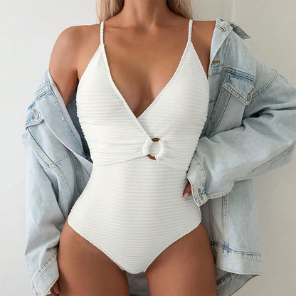 Women’s One-Piece Swimsuit – Ribbed Texture – Deep V-Neck – Cut-Out Knot Detail – Slim Fit